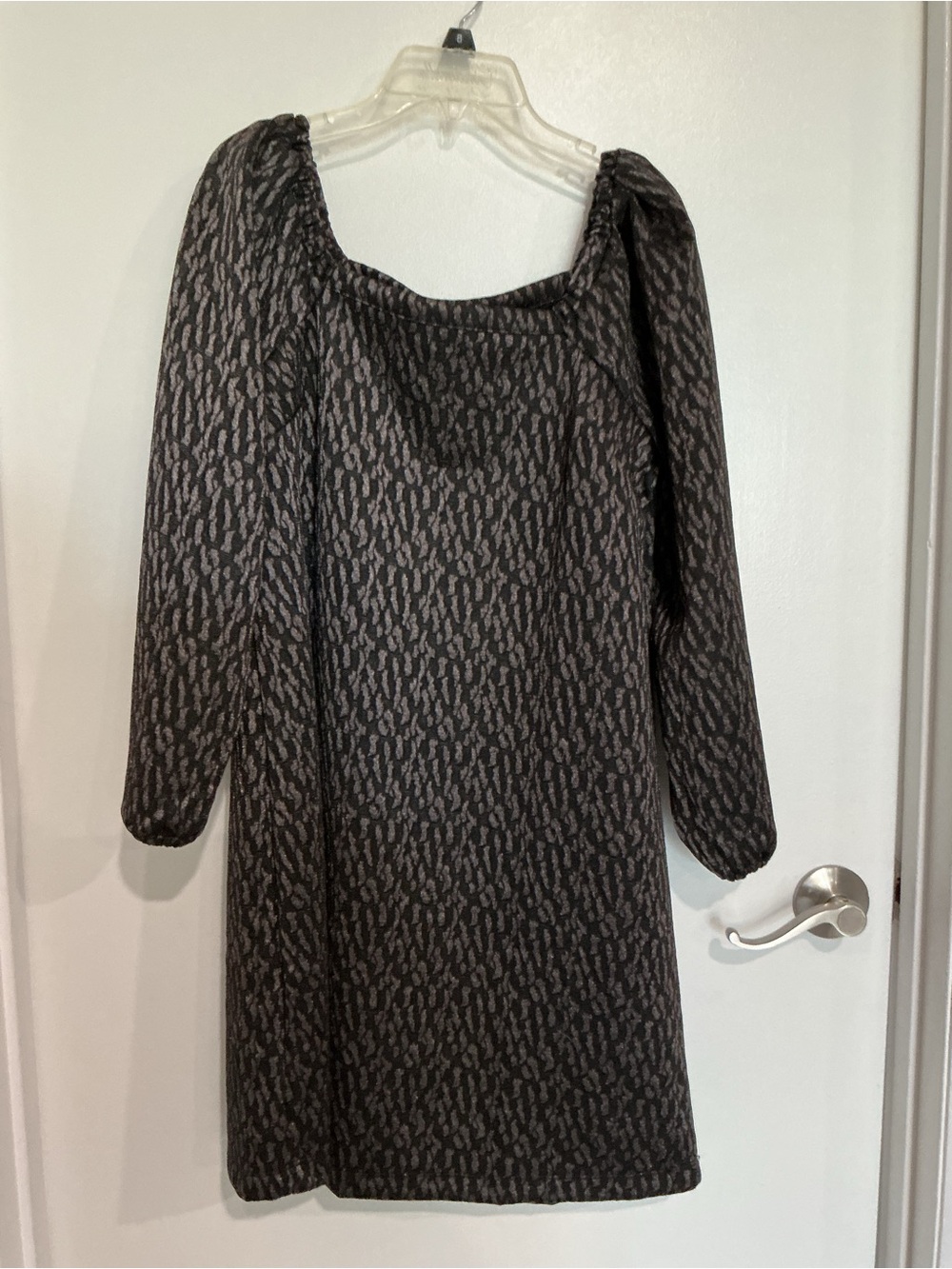 Women's Black Patterned Long Sleeve Square Neck Dress